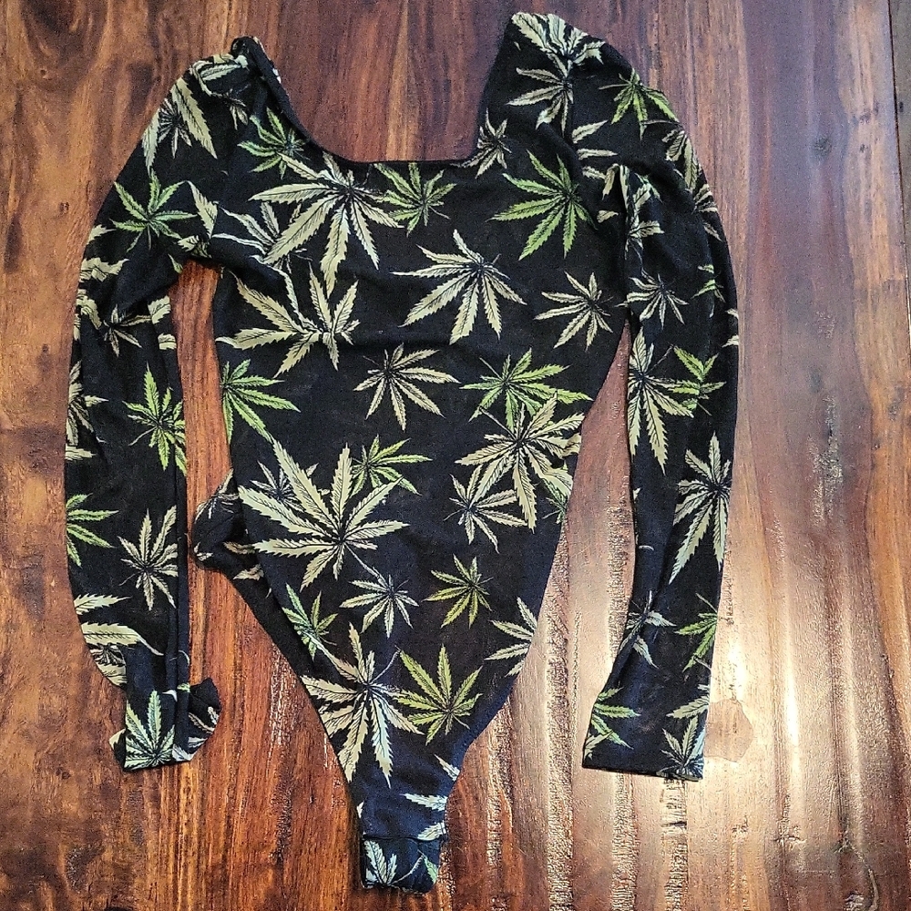 Leaf Print Long Sleeve Bodysuit Sheer Pit To Pit 13"